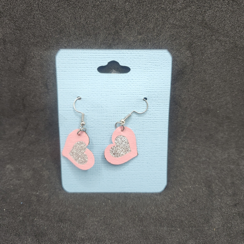 Hand Crafted Pink and Silver GlitterFaux Leather Heart Dangle Earrings